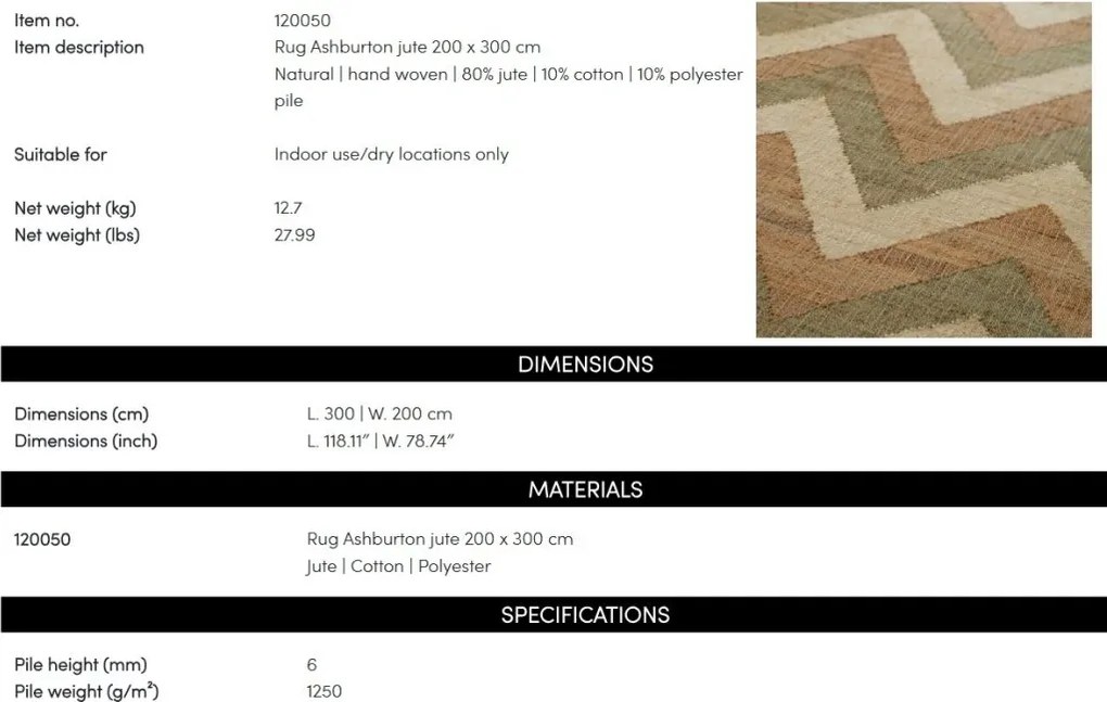 Covor LUX realizat manual din iuta Ashburton 200x300cm