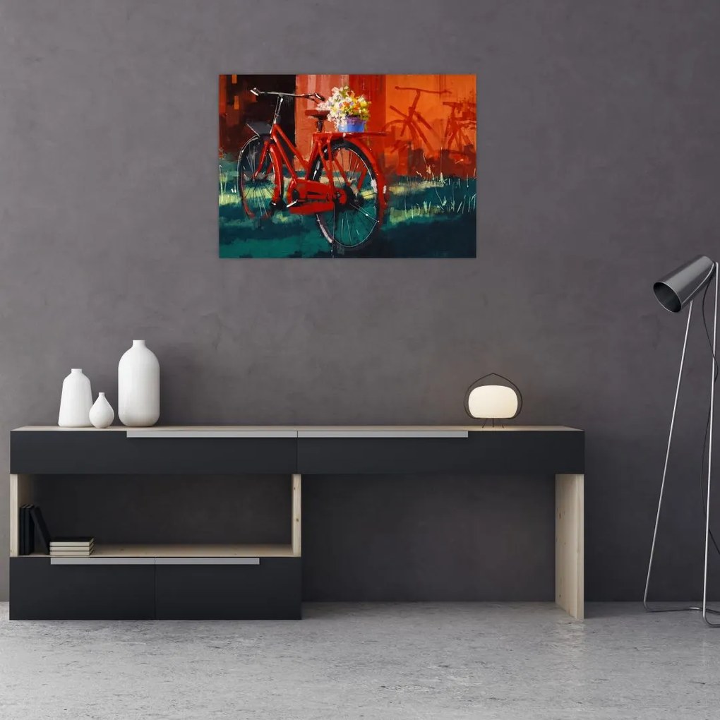 Tablou pe sticlă - Bicicleta roșie, pictură acrilică (70x50 cm)