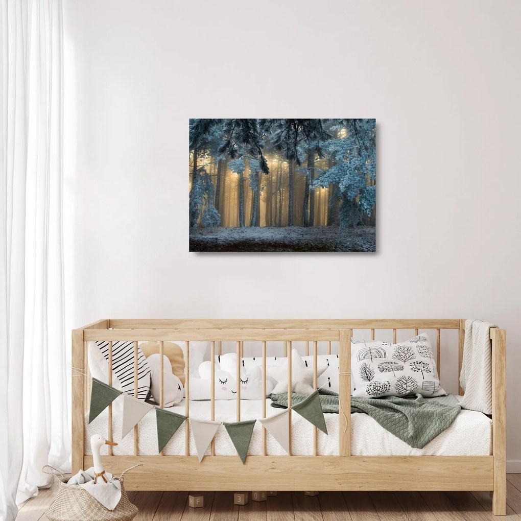 Tablou pe sticlă cu pădure înzăpezită (70x50 cm)
