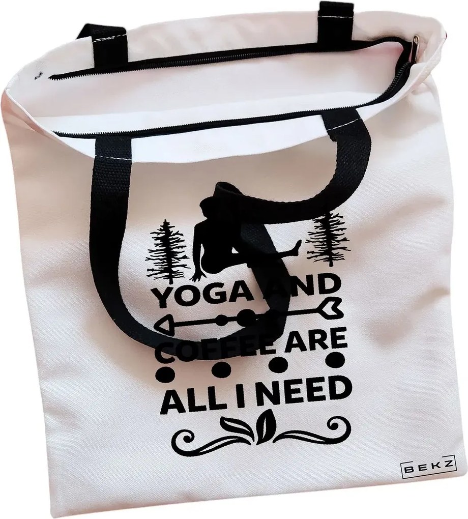 Sacosa de Panza pentru Cumparaturi, Geanta Tote, Yoga and Coffee are all I need, Cu fermoar, 38x34.5 cm, Alba, BEKZ®