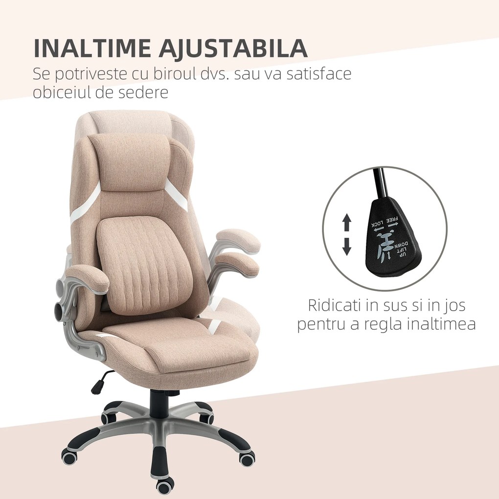 Vinsetto Scaun de Birou Ergonomic cu Brațe Rabatabile, Tetieră, Suport Lombar și Înălțime Reglabilă, 68x76x117 cm, Maro | Aosom Romania