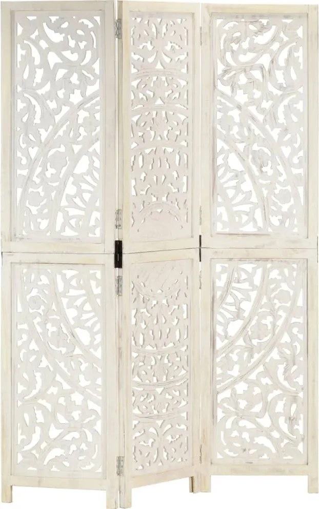 vidaXL Paravan cameră sculptat manual 3 panouri alb 120x165 cm mango