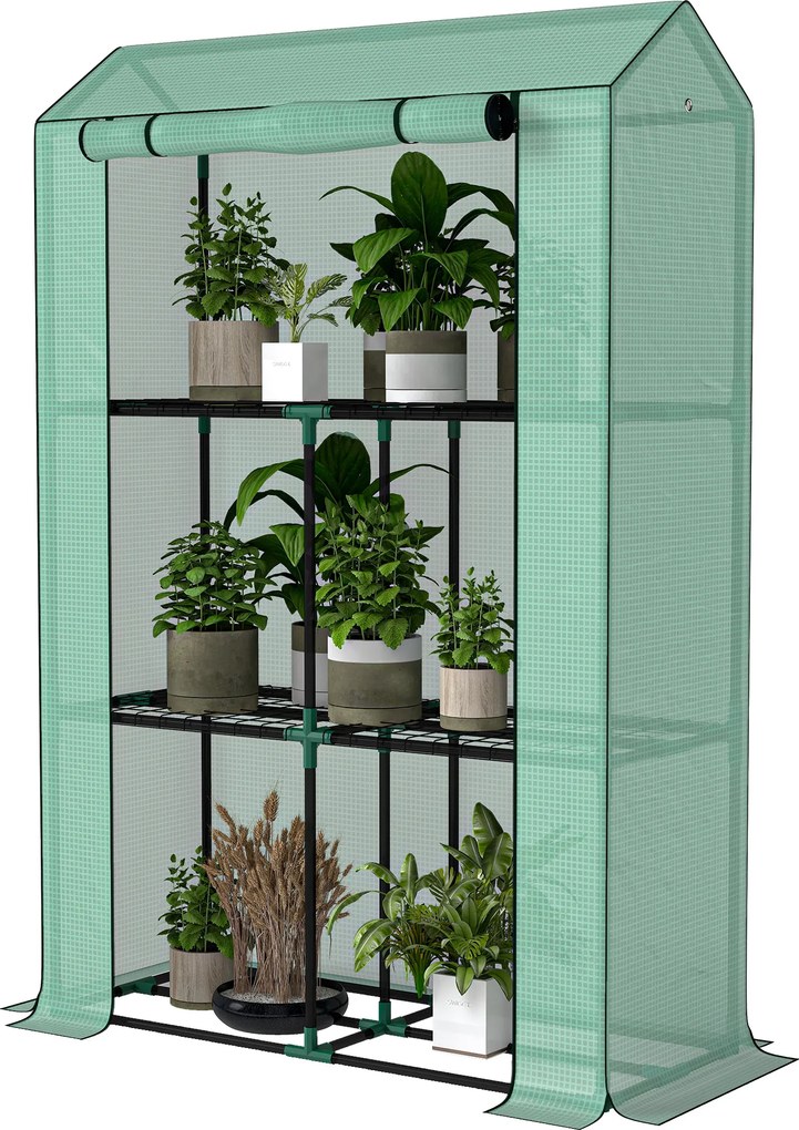 Outsunny Sera Mini cu 3 Niveluri, Copertină din PE cu Armătură și Ușă Rulabilă, 100x40x150 cm, Verde | Aosom Romania