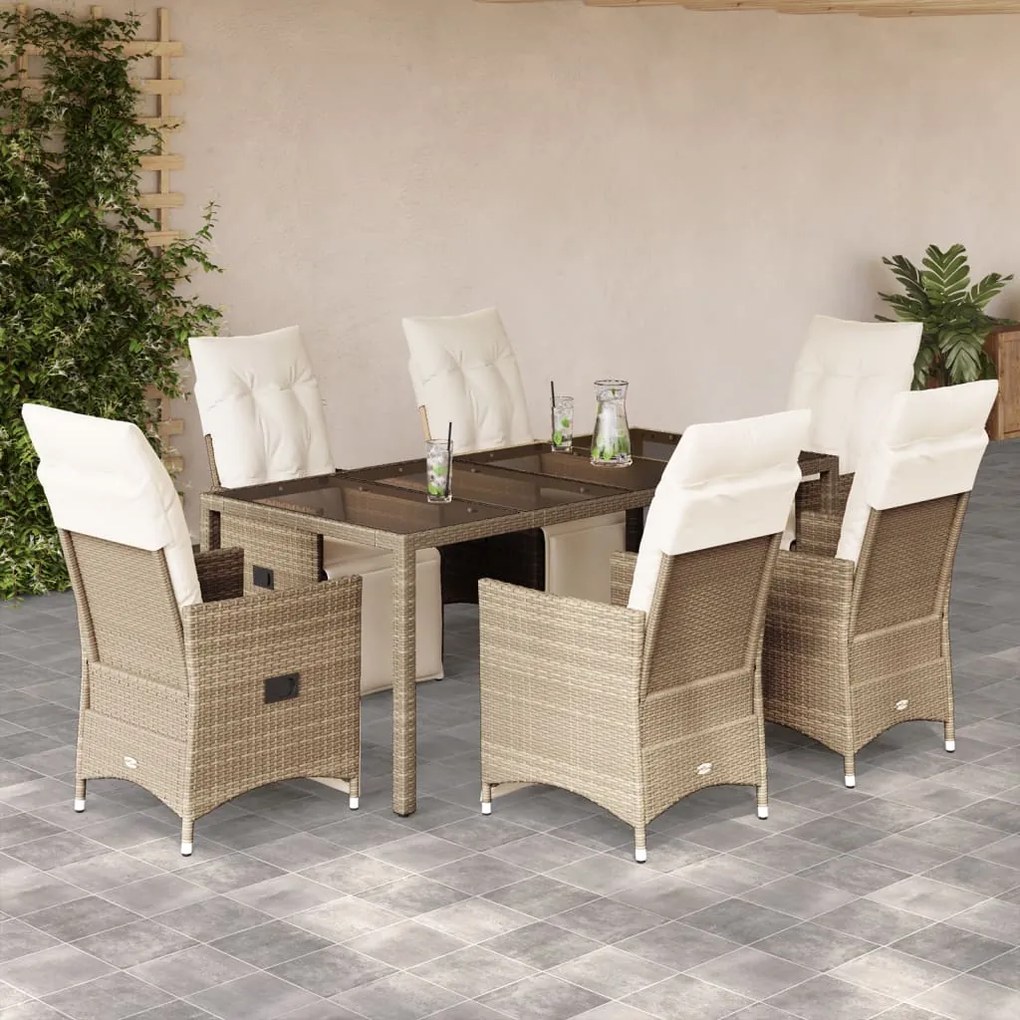 vidaXL Set bistro de grădină, 7 piese, cu perne, bej, poliratan