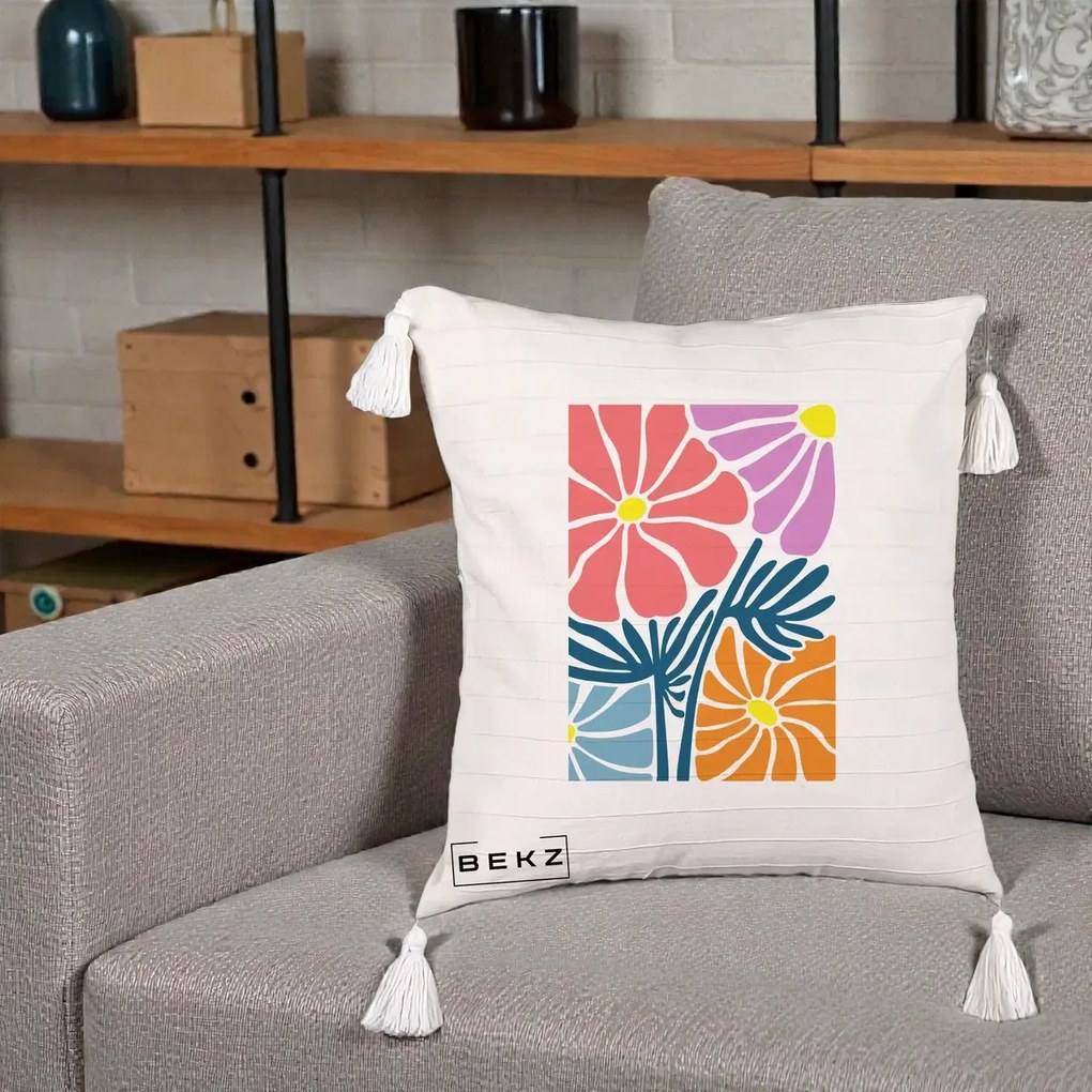 Perna Decorativa Flori Grafice Roz-Orange-Albastru, 40x40 cm, Bej cu Franjuri, Husa Detasabila, Perna Inclusa, BEKZ®