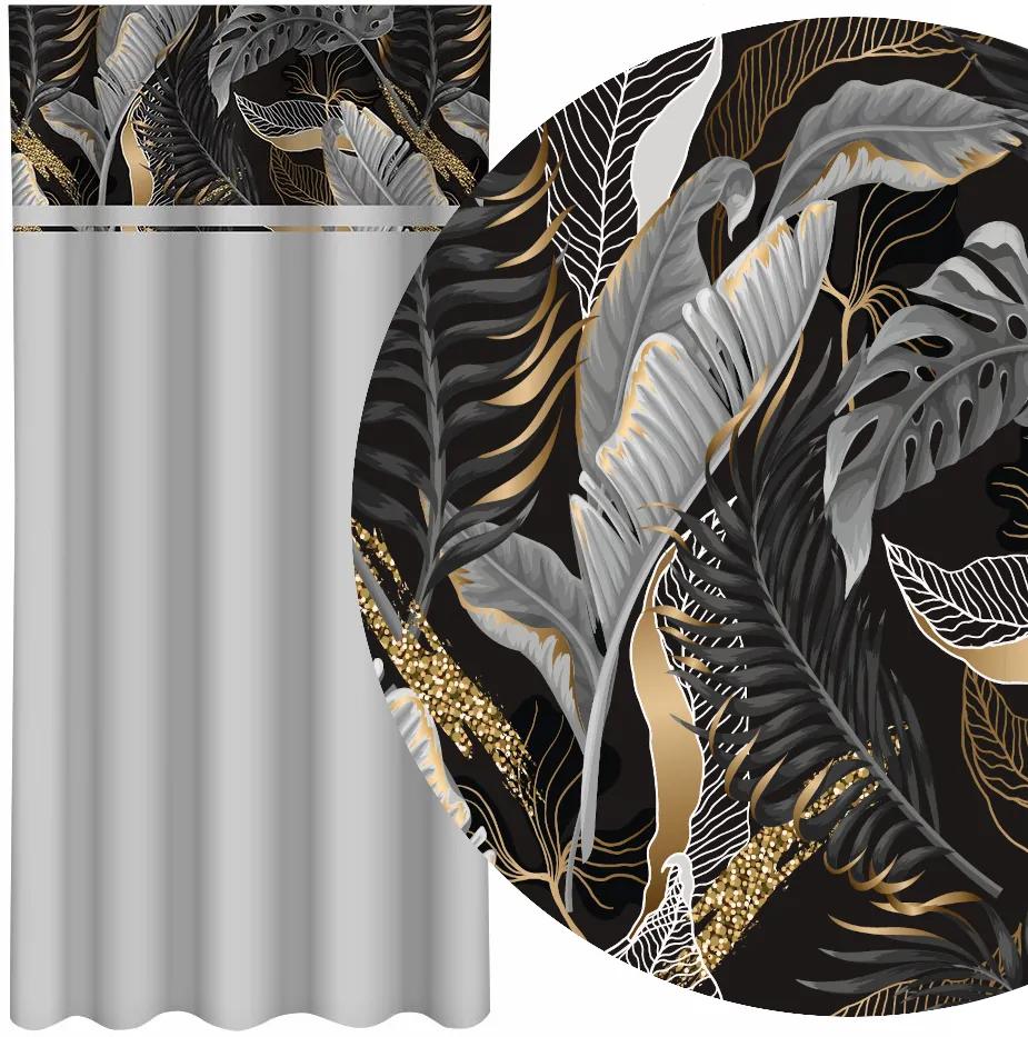 Draperie simplă de culoare gri deschis cu imprimare de frunze gri și auriu Lățime: 160 cm | Lungime: 250 cm