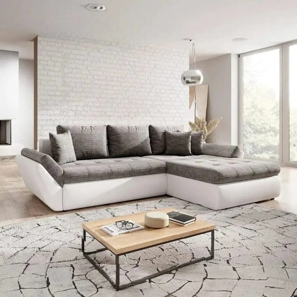 Colțar extensibil dumonde cu ladă de depozitare si sezut confortabil din spuma high-density, Loana Magma White 275x185 cm