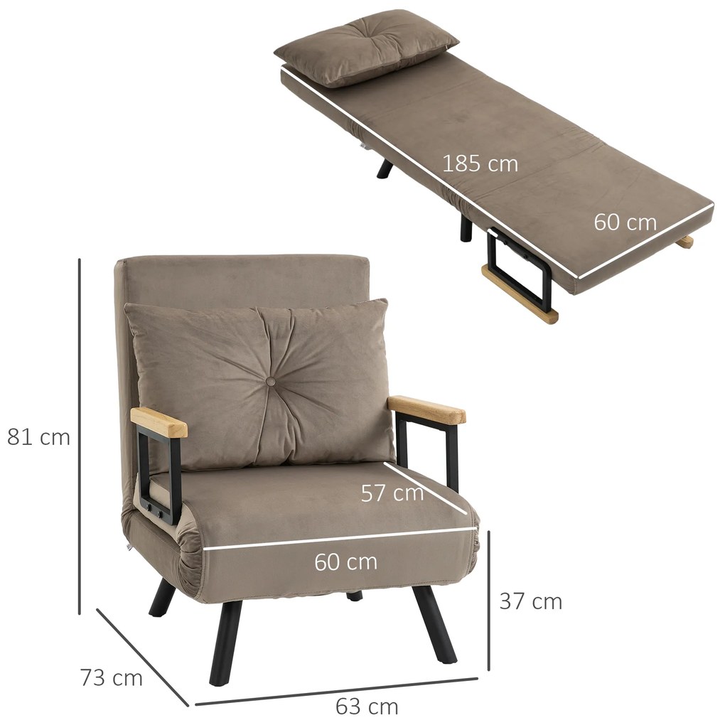 HOMCOM Fotoliu Pat Capitonat 3 in 1 cu Spatar Rabatabil in 5 Pozitii si Perna cu Husa Detasabila, 63x73x81 cm, Gri Deschis