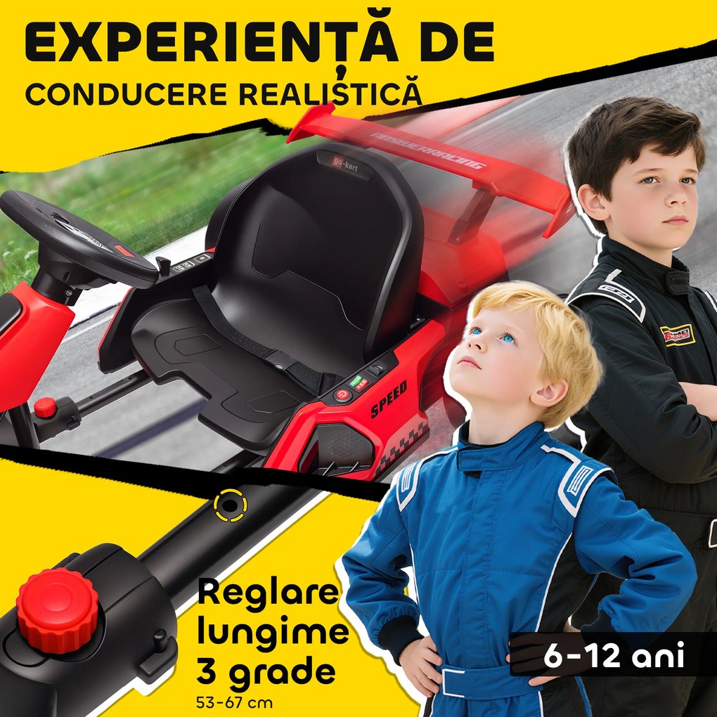 HOMCOM Go-Kart Electric pentru Copii cu Scaun Reglabil, 2 Motoare, Claxon, Lumini și Muzică, 120x76x53.5 cm, Roșu | Aosom Romania