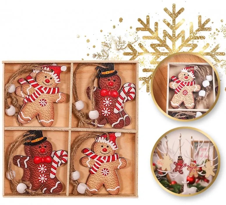 Set decoratiuni de Craciun din lemn GINGERBREAD, 12 buc