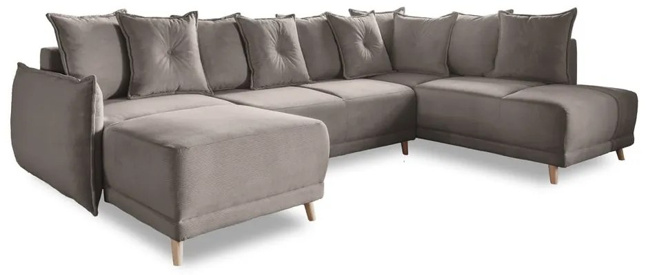 Colțar maro deschis extensibil cu tapițerie din catifea reiată (colț dreapta/în formă de "U") Lazy Lukka – Miuform