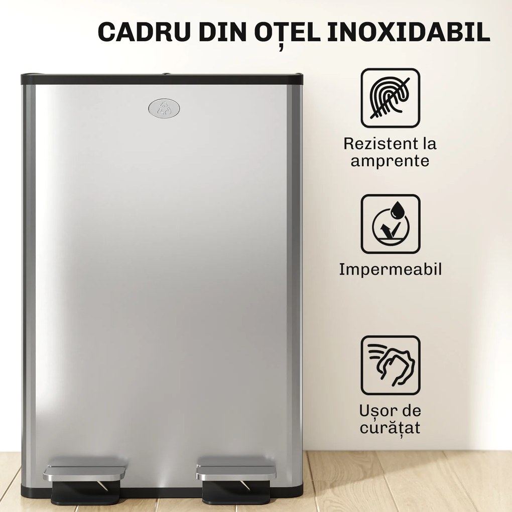 HOMCOM Coș de Gunoi cu Pedală, 2 x 28L, din Oțel, cu Capace Silențioase și Găleți Interioare Detașabile, Argintiu | Aosom Romania
