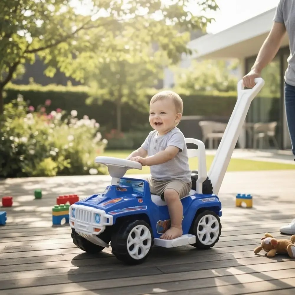 Masinuta copii si bebe NOVOKIDS™ My first SUV Car XXL , Lungime 85 cm, Maner de impins pentru parinti detasabil, Functie trotineta fara pedale,
