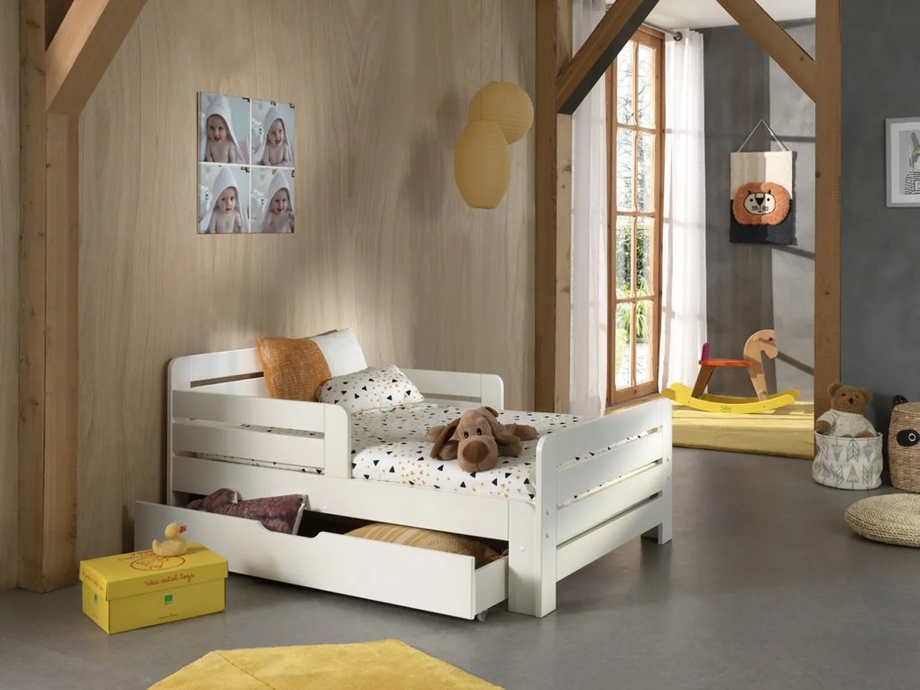 Set Pat Jumper Transformabil 90x140-200 cm cu Sertar și Saltea, pentru Copii, Alb – Vipack