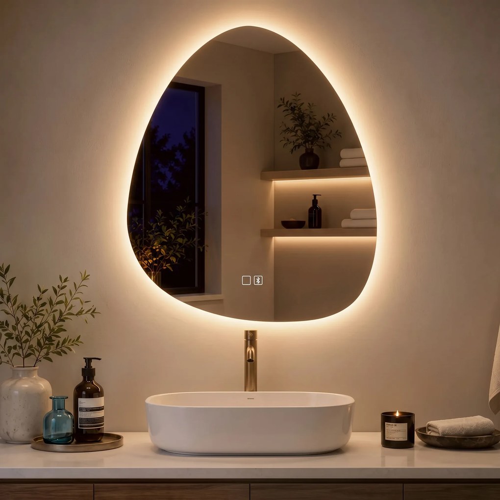 HOMCOM Oglindă de baie cu LED, 3 culori, 60x80 cm, neregulată, Bluetooth, antiaburire, touch | Aosom Romania