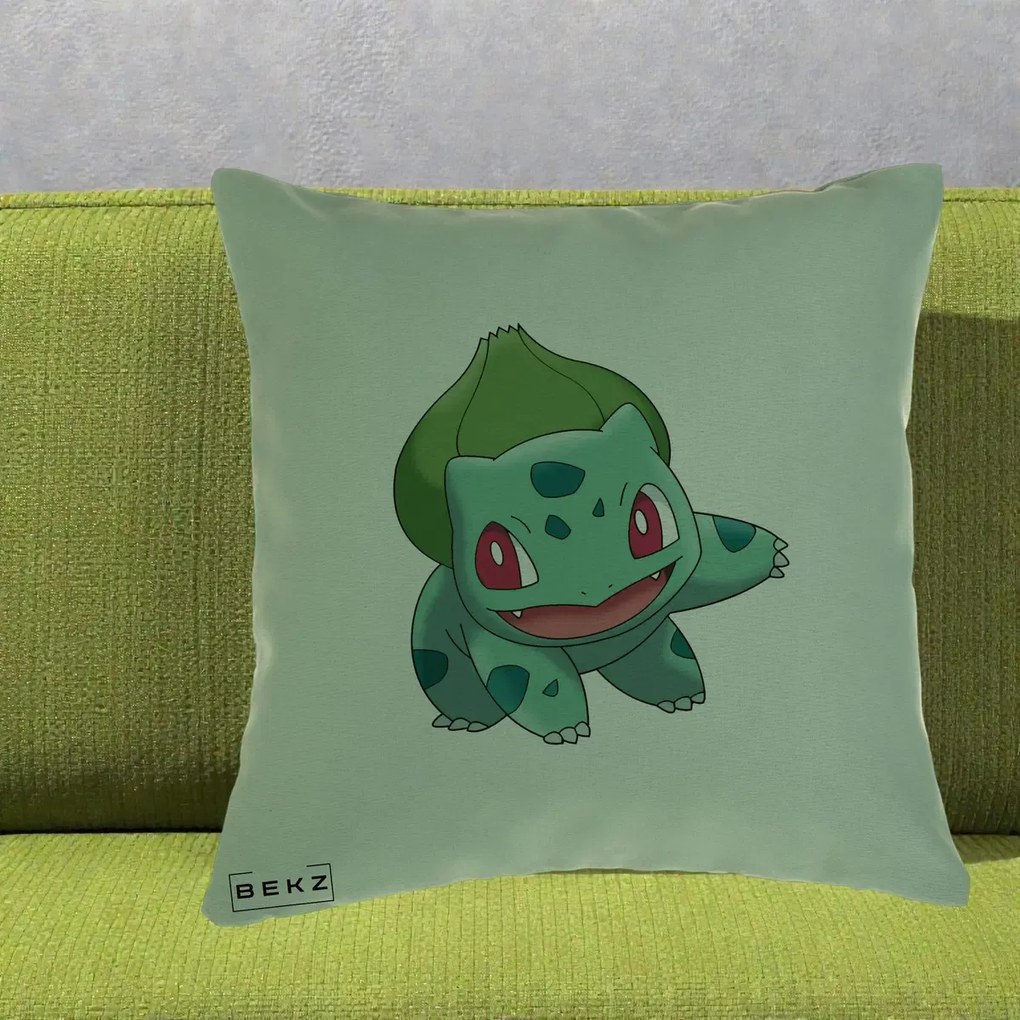 Perna Personalizata Bulbasaur Pokemon, 40x40 cm, Verde, Husa Detasabila, Perna Inclusa, BEKZ®