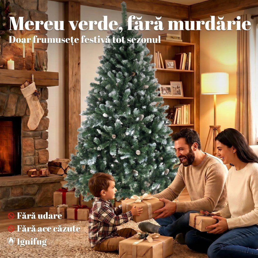HOMCOM Brad de Crăciun Înzăpezit Înalt 180 cm cu 910 Ramuri, Brad Artificial de Interior cu Conuri Decorative, Bază Metalică Pliabilă, Verde | Aosom Romania