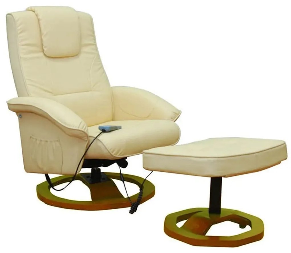 60276 vidaXL Fotoliu de masaj cu taburet, crem, piele ecologică
