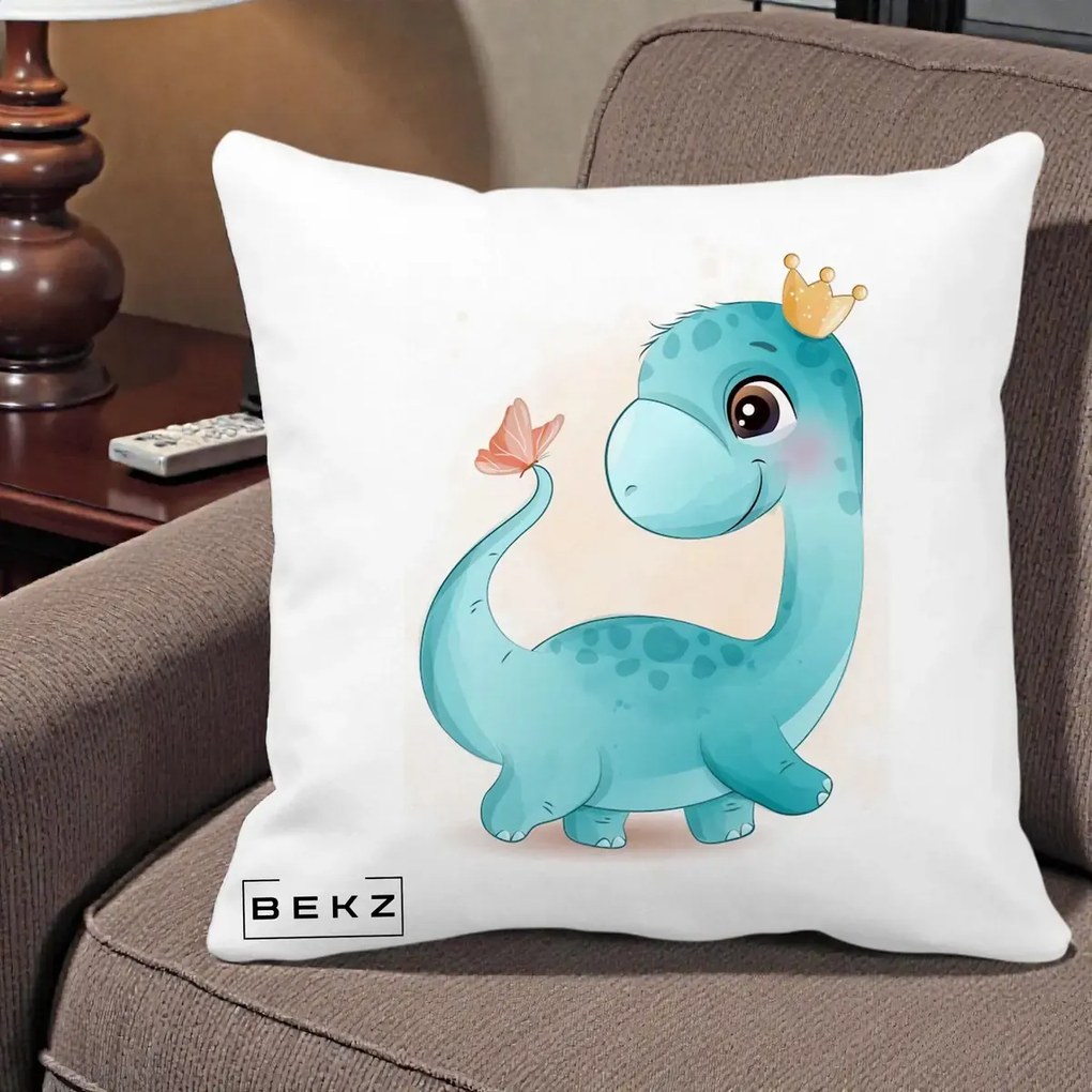 Perna Personalizata Dinozaur Bland Coroana Kawaii, 40x40 cm, Alba Mata, Husa Detasabila, Perna Inclusa, BEKZ®