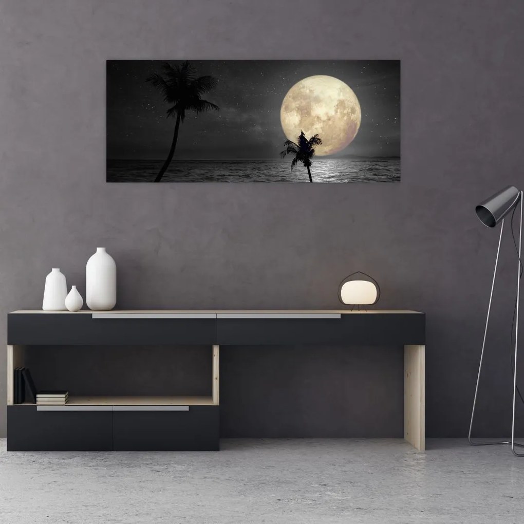 Tablou - Plaja cu lună plină, nuanțe gri (120x50 cm)