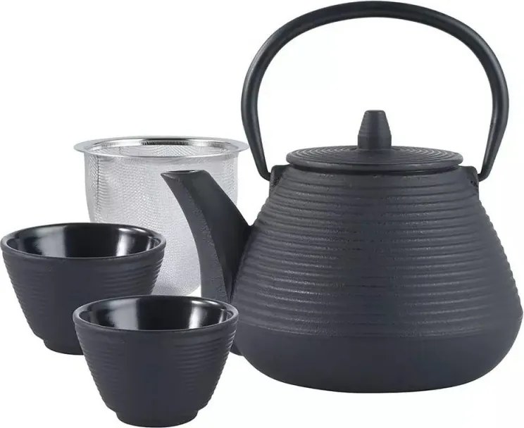 La mâna a doua: Ceainic din fonta cu 2 cani Kinghoff KH 1846, 1 L, Filtru, Inductie, Negru