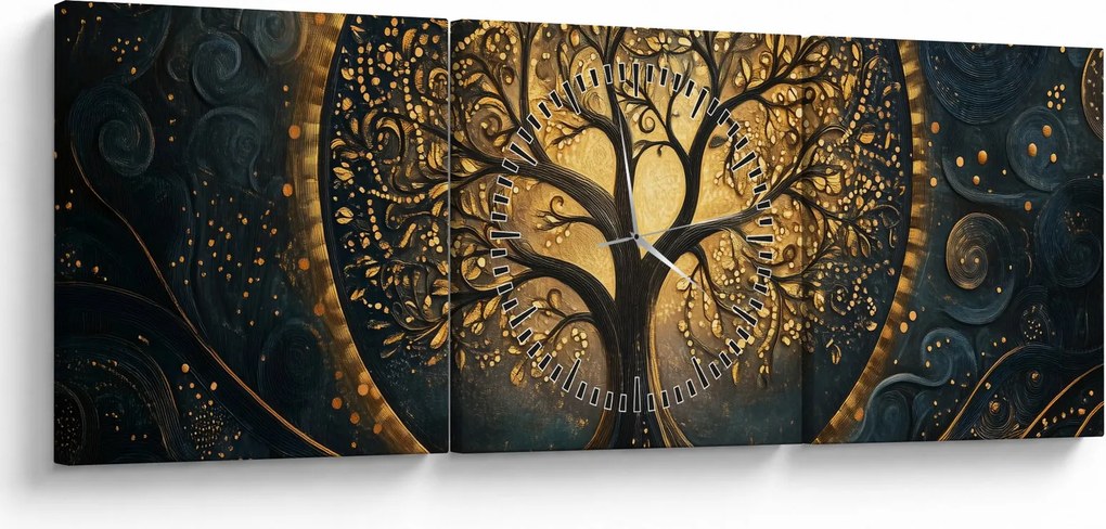Tablou – Arbore cu aură aurie (cu ceas) (90x30 cm)