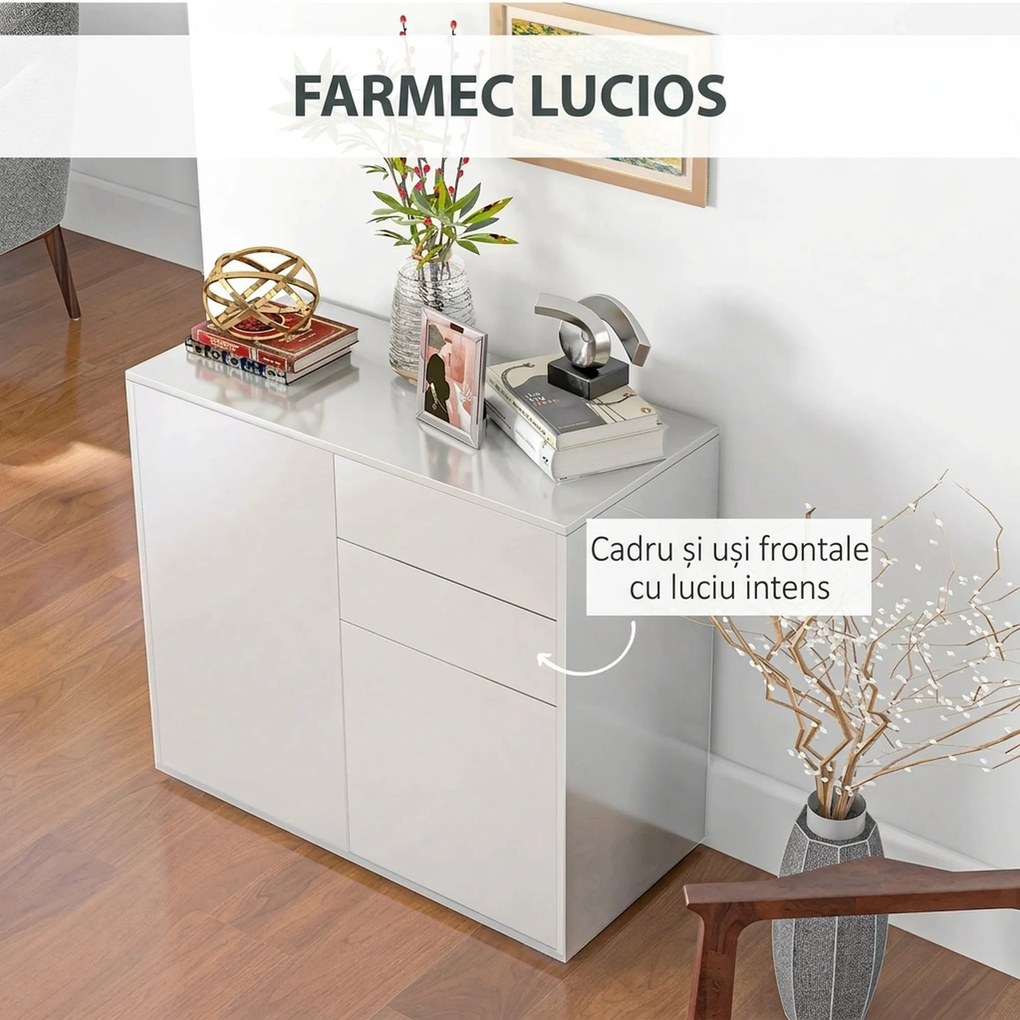 HOMCOM Comodă Elegantă cu Deschidere Touch, 2 Dulapuri și 2 Sertare, pentru Living și Dormitor, 79x36x74cm, Alb Lucios | Aosom Romania
