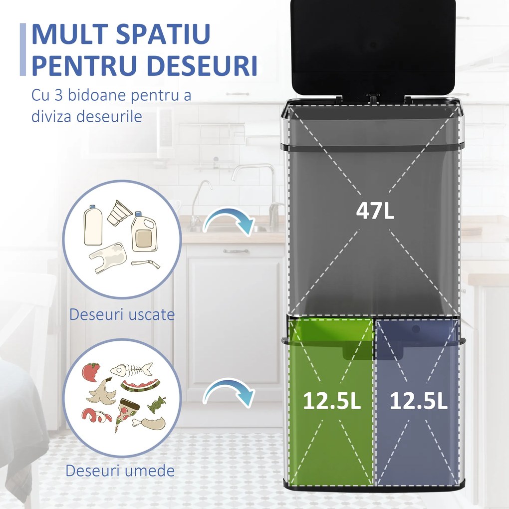 Cos de gunoi inteligent cu senzor HOMCOM, Capacitate 72 l, 42x30x81cm, Inox / ABS, Argintiu | Aosom Romania