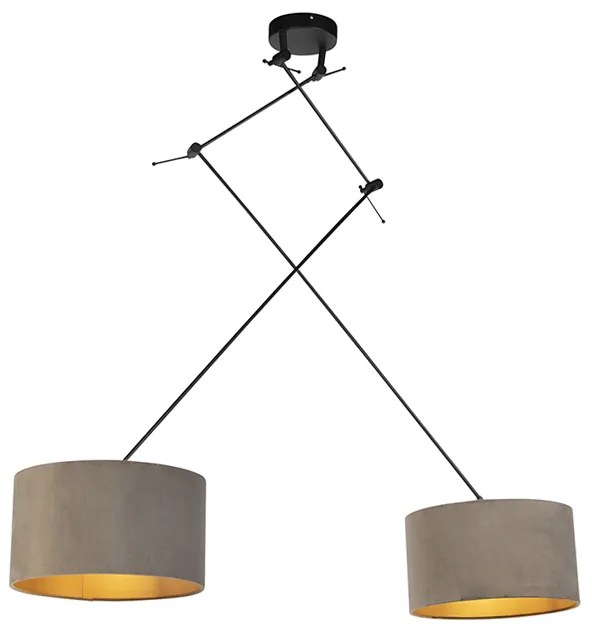 Lampă suspendată neagră cu abajururi din catifea taupe cu auriu 35 cm 2 lumini - Blitz