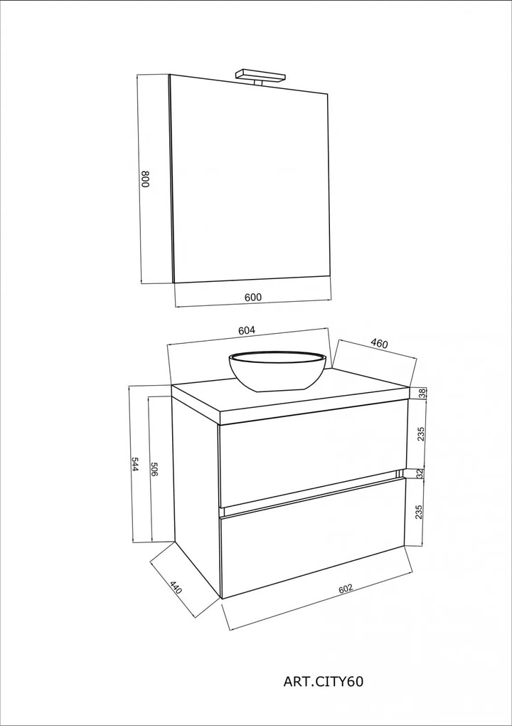 Set mobilier baie cu blat 60 cm imitatie lemn si oglinda cu LED si lampa, SaviniDue
