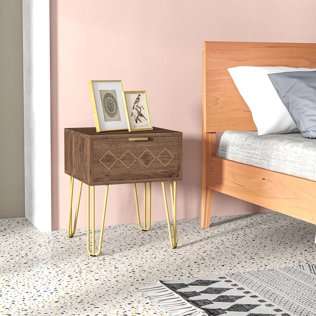 HOMCOM Noptiere Moderne Set 2 Bucati din PAL si Otel cu Sertar, 39.5x41x49 cm, Maro | Aosom Romania