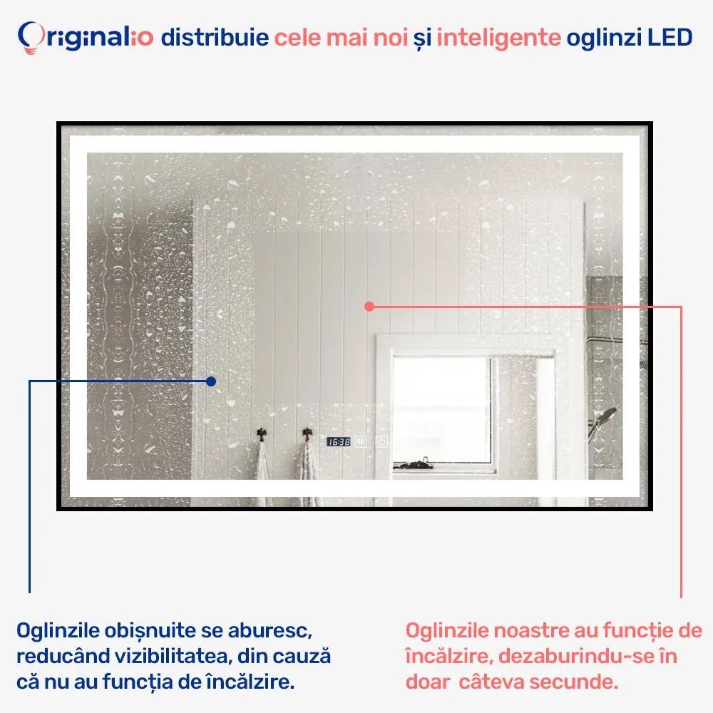 Oglindă LED Dreptunghiulară (100x65 cm), 3 Moduri Iluminare (Lumină Rece, Naturală, Caldă), Intensitate Reglabilă, Funcție Dezaburire, Ceas (Timer) și Termometru, Ramă Aluminiu, Control Tactil (Touch)