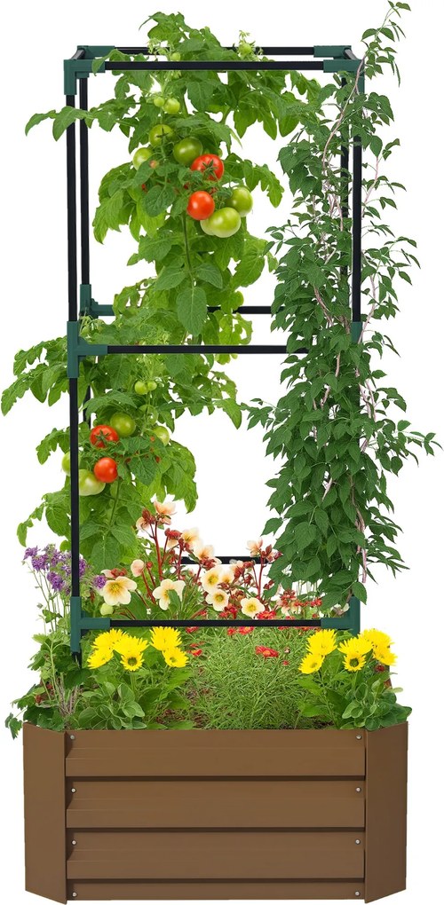 Outsunny Jardinieră înălțată cu grilaj, cutie de plantare cu suport de susținere, fund deschis, rezistent la intemperii, 61 cm x 61 cm x 140 cm, Braun | Aosom Romania