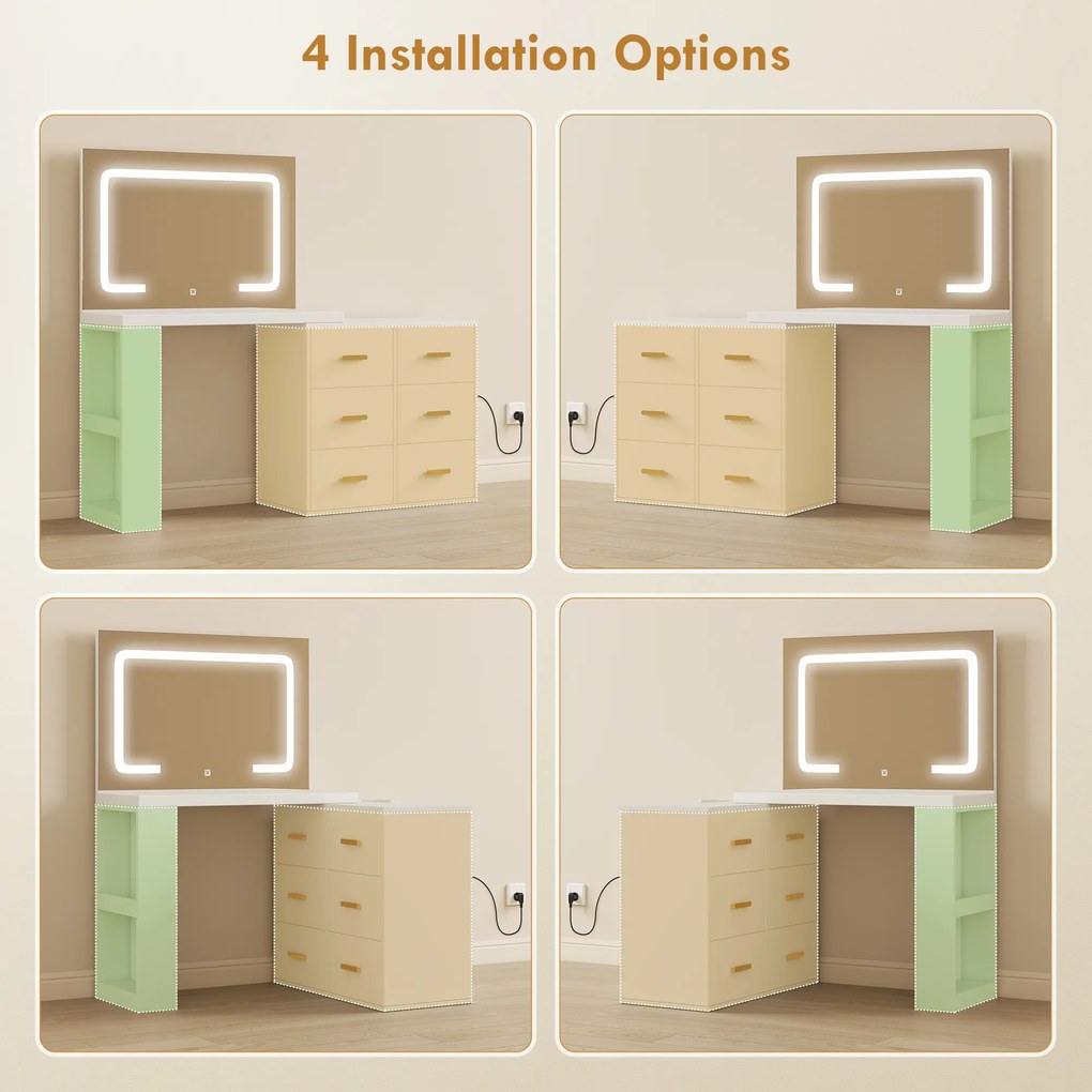 HOMCOM Stație de Machiaj cu Lumini LED, 3 Culori, Luminozitate Reglabilă, Toaletă Convertibilă cu Prize Electrice, 6 Sertare Soft Close, Oglindă, Rafturi Deschise, pentru Dormitor, Alb | Aosom Romania