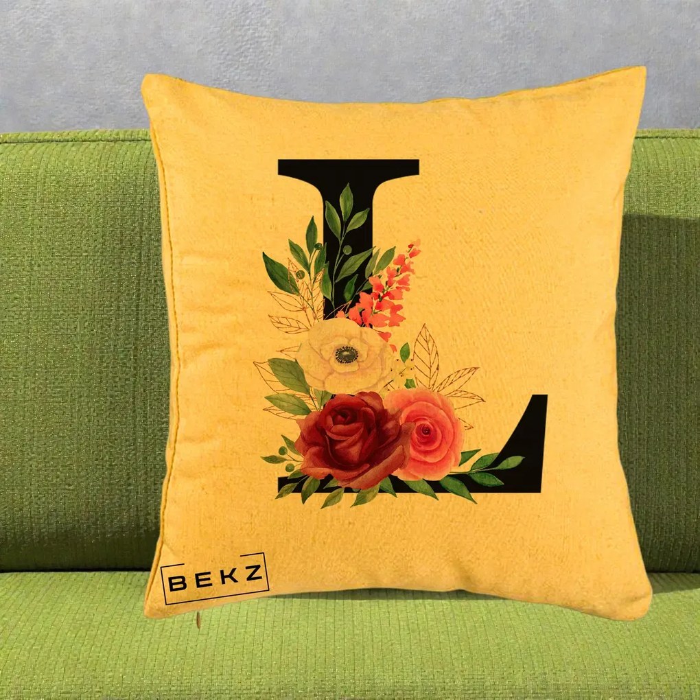 Cadou Personalizat - Perna Personalizata Monograma Florala Litera L, 40x40 cm, Galben, Husa Detasabila, Perna Inclusa, BEKZ®