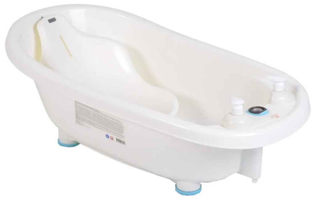 Cadita ergonomica pentru bebelusi si copii NOVOKIDS™ Baby Bubbles , Cu dispensor sapun si sampon incluse, Dimensiuni 95x48x88 cm, Alb cu Albastru