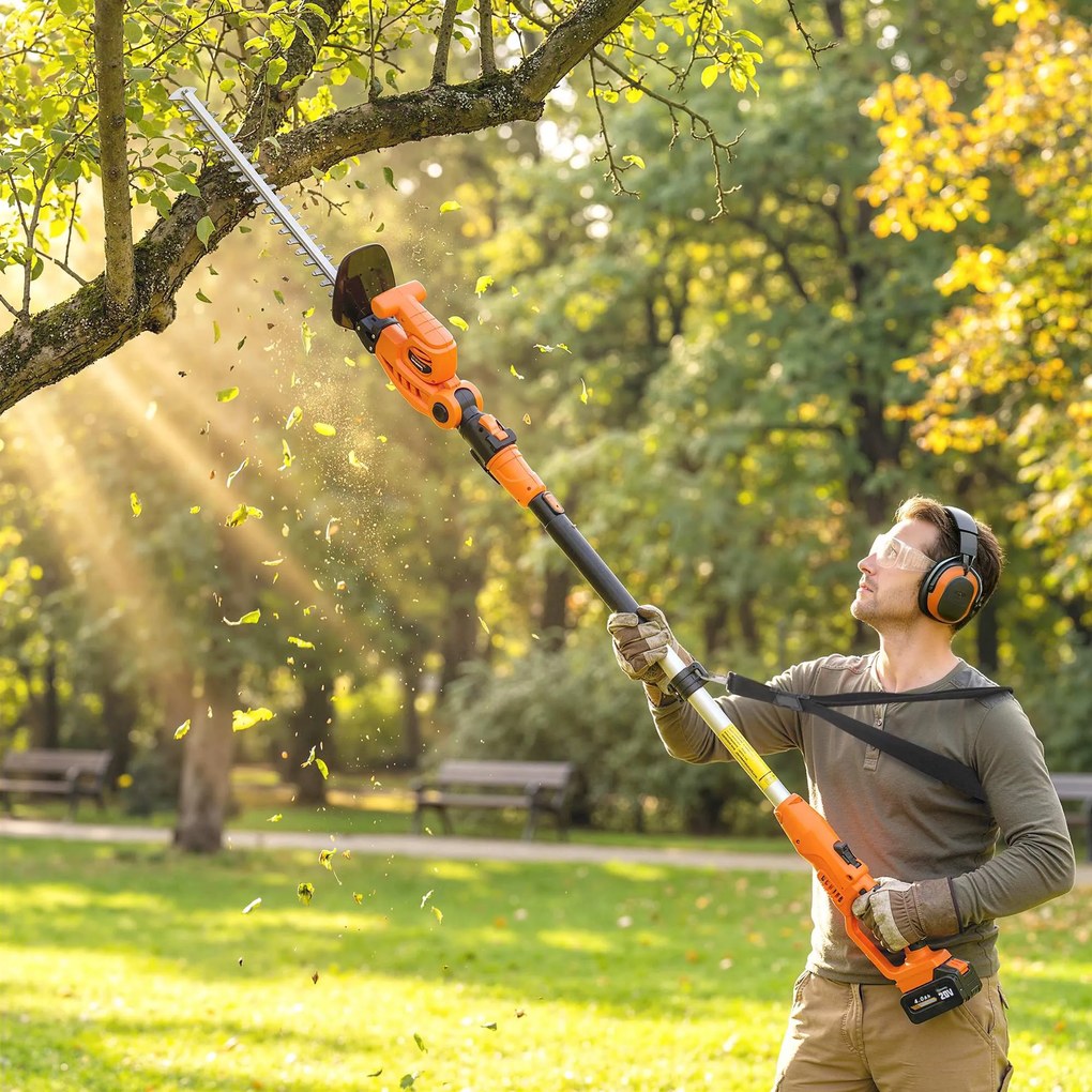 Outsunny Trimmer pentru Gard Viu pe Baterie 18V, Trimmer pentru Grădină cu 2 Baterii de 4Ah, Încărcător, Târnă Telescopică Reglabilă din Aluminiu, Lamă Cu Acțiune Dublă de 51cm pentru Ramuri, Portocaliu | Aosom Romania