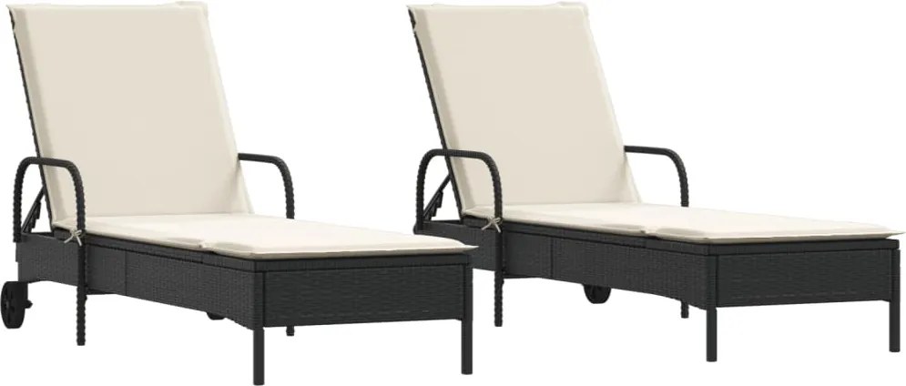 vidaXL Șezlonguri de plajă cu perne, 2 buc., negru, poliratan