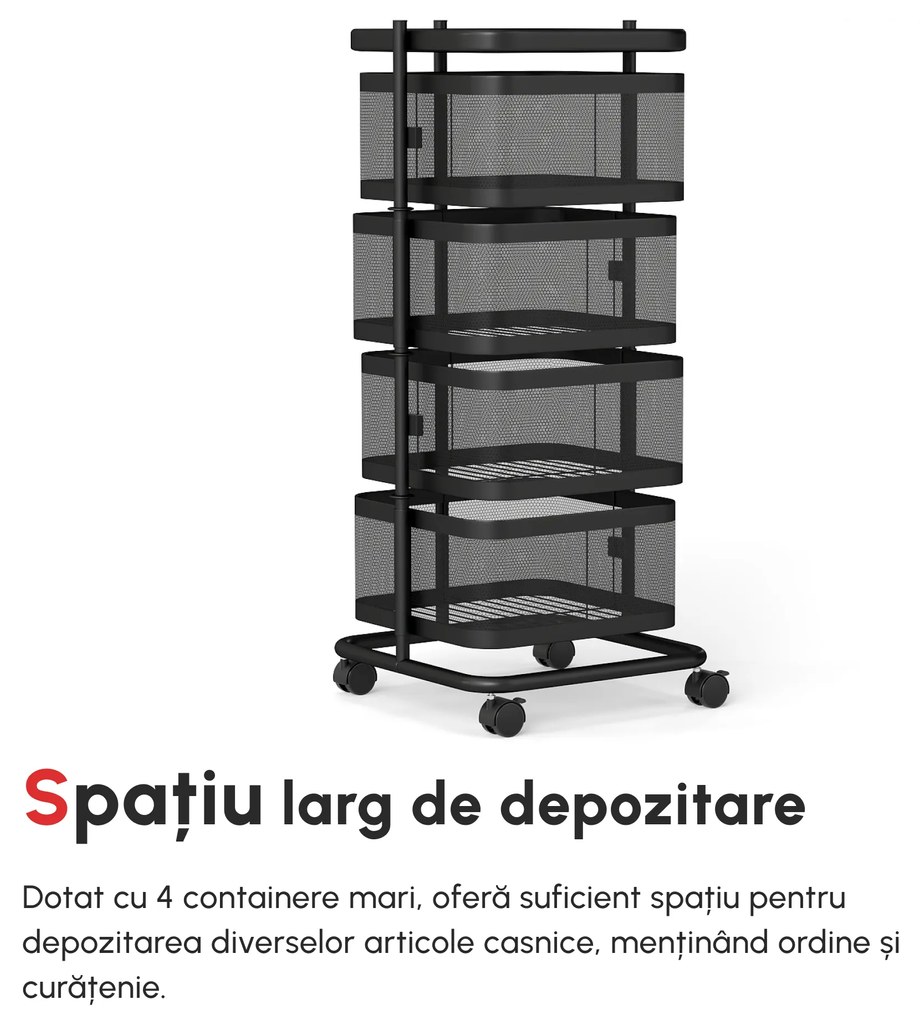 Carucior utilitar rulant cu cosuri metalice rotative, 4 niveluri de depozitare, otel si plastic PP, Negru 33x33x77cm HOMCOM | Aosom Romania