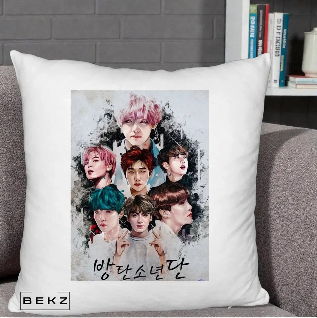 Perna Personalizata K-pop BTS Bangtan Boys Poster Artistic Negru Alb, 40x40 cm, Alb Pufos, Husa Detasabila, Perna Inclusa, BEKZ®