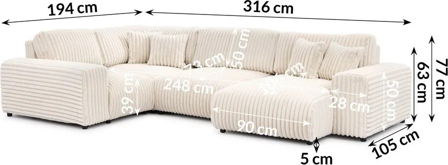 Colțar crem cu tapițerie din catifea reiată (cu colț pe partea stângă/în formă de "U") Justin – Ropez