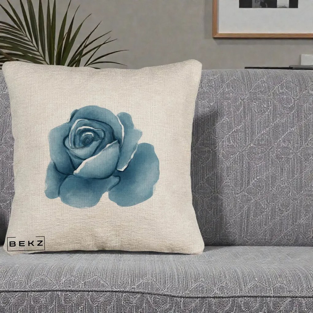 Perna Decorativa Trandafir Albastru Acuarela, 40x40 cm, Bej Canapea, Husa Detasabila, Perna Inclusa, BEKZ®