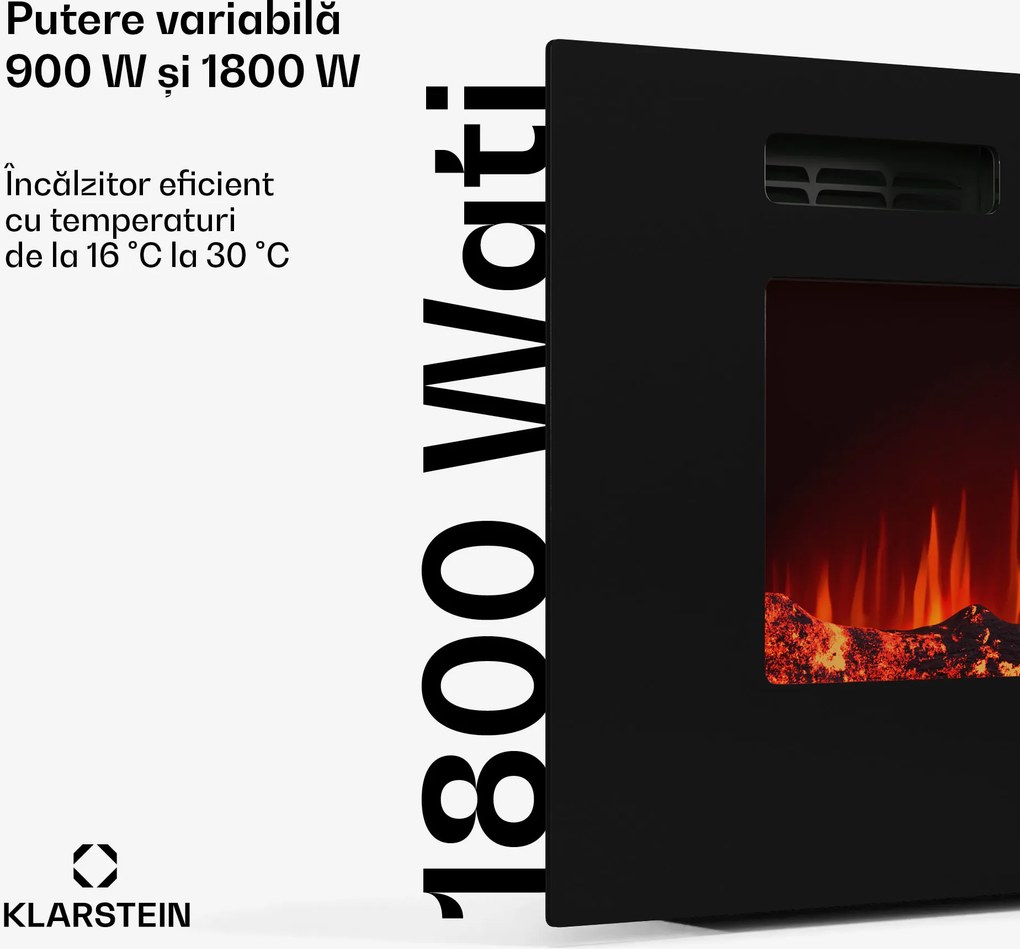 Klarstein Șemineu electric inteligent Galeras Smart, 2 setări de temperatură, 16 - 30°| Iluzia flăcării LED, Opțiune de conectare IOT