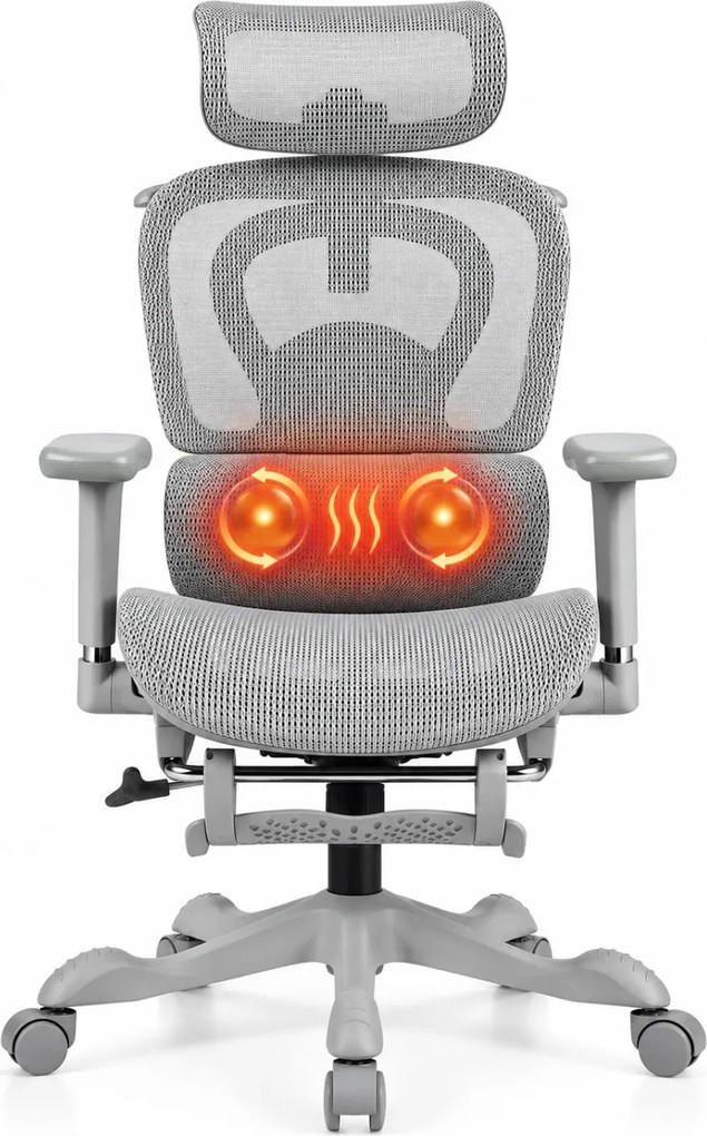 AERION-HM – Scaun ergonomic cu Masaj și Încălzire Lombară, Tetieră 3D, Cotiere 4D, Șezut Glisant, Spătar Reglabil și Suport Picioare, Full Mesh, Gri