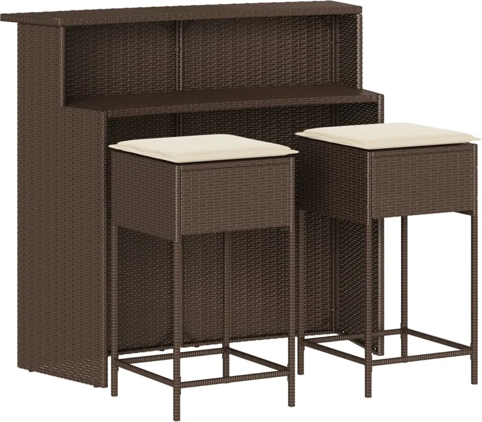 vidaXL Set bar de grădină, 3 piese, cu perne, maro, poliratan
