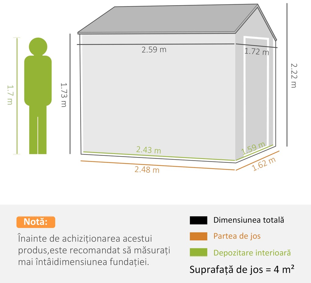 Outsunny Magazie de Grădină din Oțel Galvanizat și PP cu 4 Guri de Aerisire și Fereastră, 259x171x222 cm, Gri și Alb | Aosom Romania