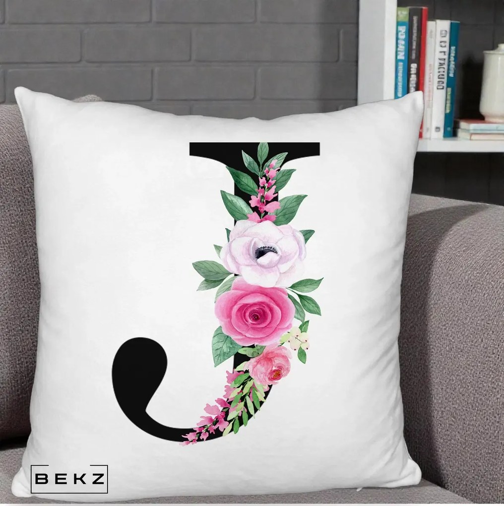 Cadou Personalizat - Perna Personalizata Monograma Florala Litera J, 40x40 cm, Alb Pufos, Husa Detasabila, Perna Inclusa, BEKZ®