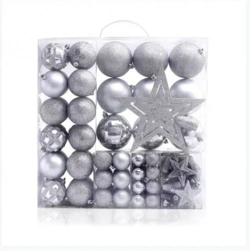 Set 100 globuri si stelute pentru brad din plastic Star Argintiu, Ø20 / Ø3 / Ø8 cm