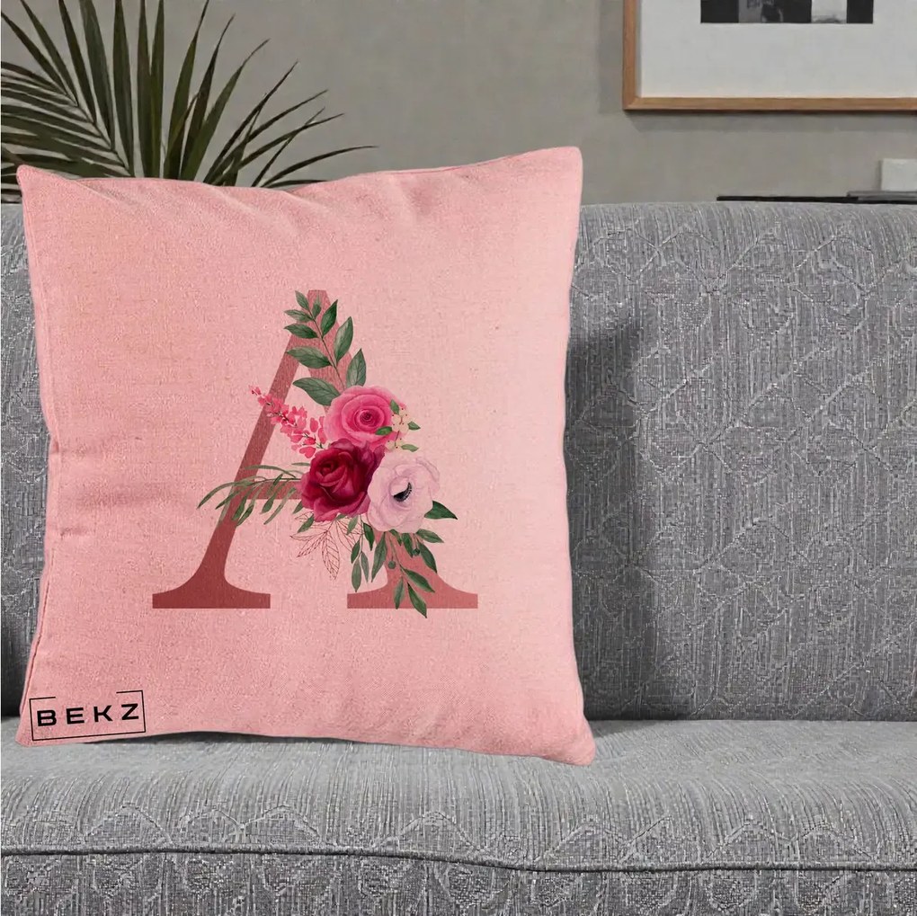 Cadou Personalizat - Perna Personalizata Monograma Rose Gold Litera A, 40x40 cm, Roz, Husa Detasabila, Perna Inclusa, BEKZ®