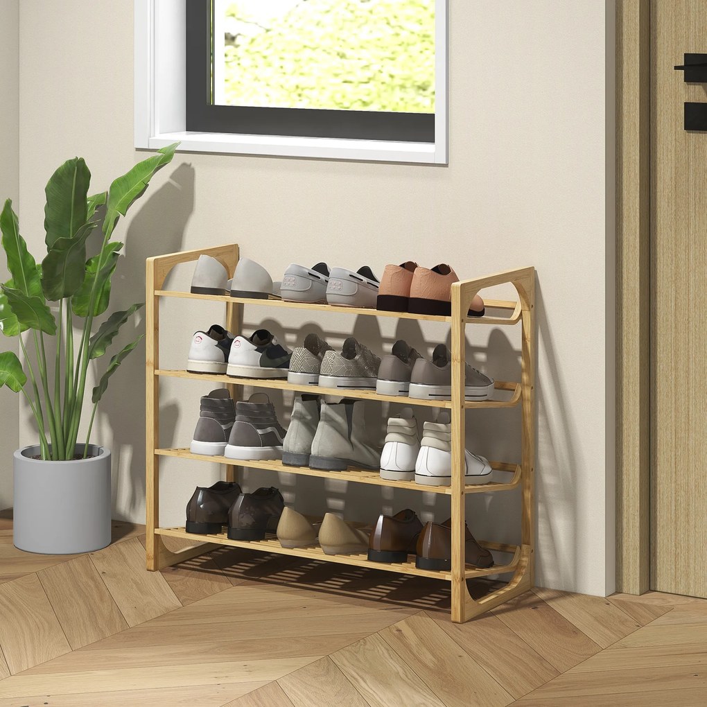 HOMCOM Etajeră pentru pantofi cu 4 niveluri, depozitare 12 perechi cu design cu lamele, bambus, 76x33x67cm, lemn natural | Aosom Romania